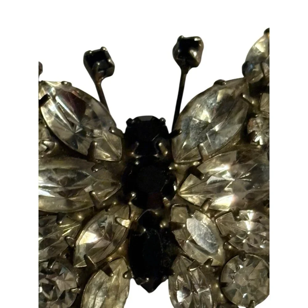 Butterfly Rhinestone Brooch Pin VTG‎ Black & Clear Rhinestones Silver Tone Retro